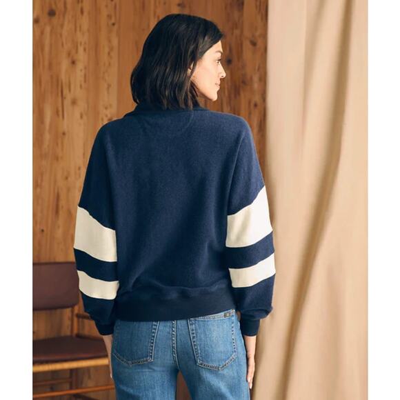 Faherty Beach Fleece Quarter Zip Sweatshirt Striped Jacket Navy Blue White - Picture 4 of 16